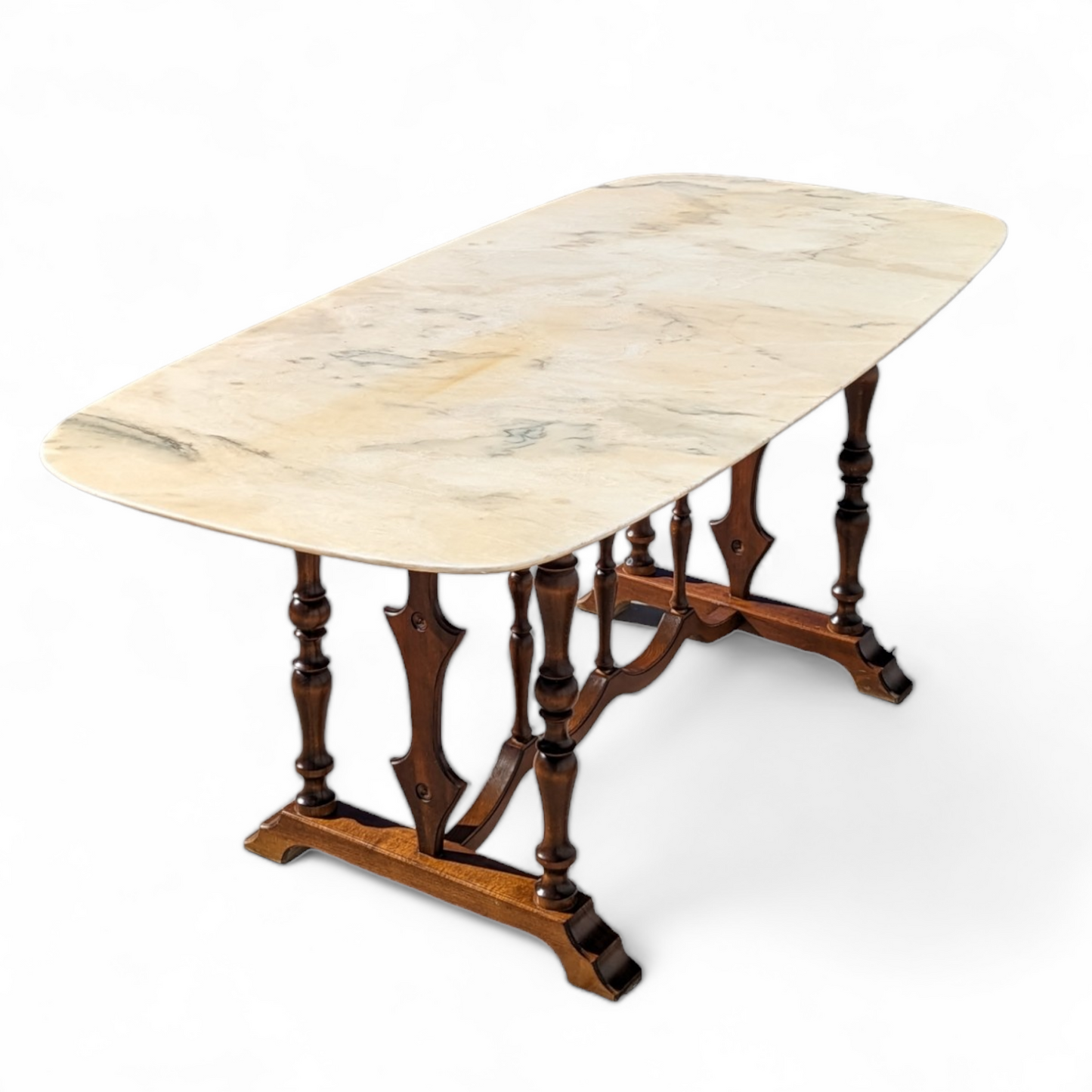 Antique Italian Dining Table for Six, Marble Top, Turned Wood Base