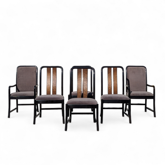 Six Dining Chairs by Bernhardt, Black Lacquer + Birdseye Maple