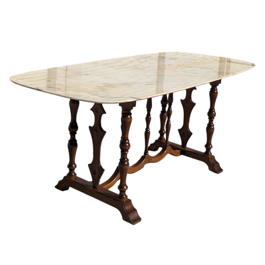 Antique Italian Dining Table for Six, Marble Top, Turned Wood Base