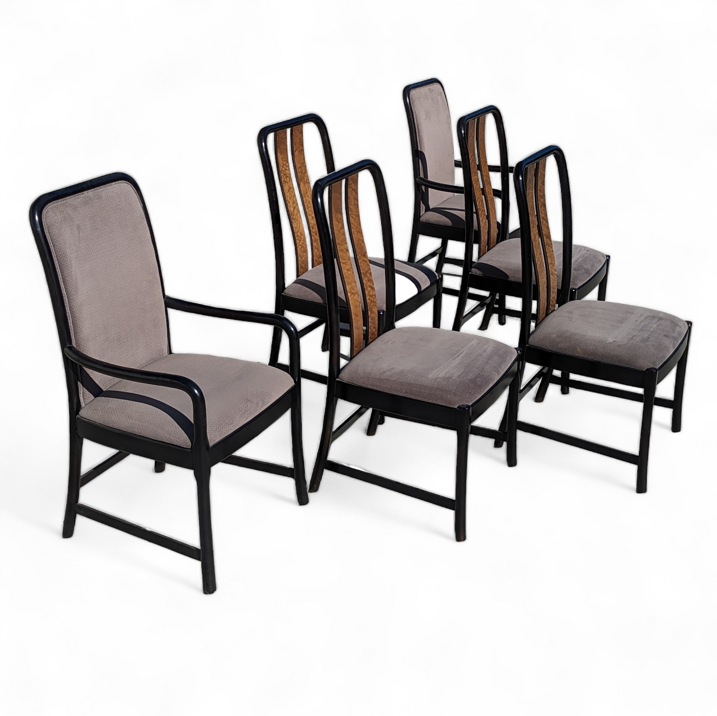 Six Dining Chairs by Bernhardt, Black Lacquer + Birdseye Maple