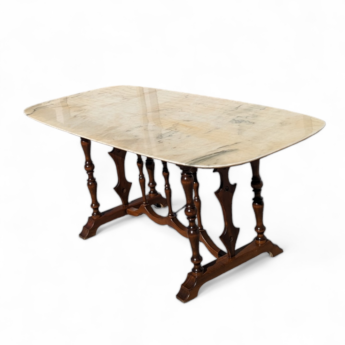 Antique Italian Dining Table for Six, Marble Top, Turned Wood Base