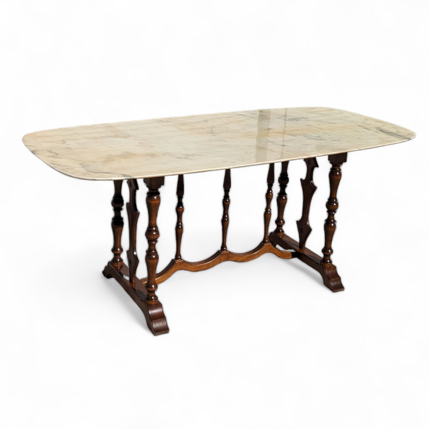 Antique Italian Dining Table for Six, Marble Top, Turned Wood Base