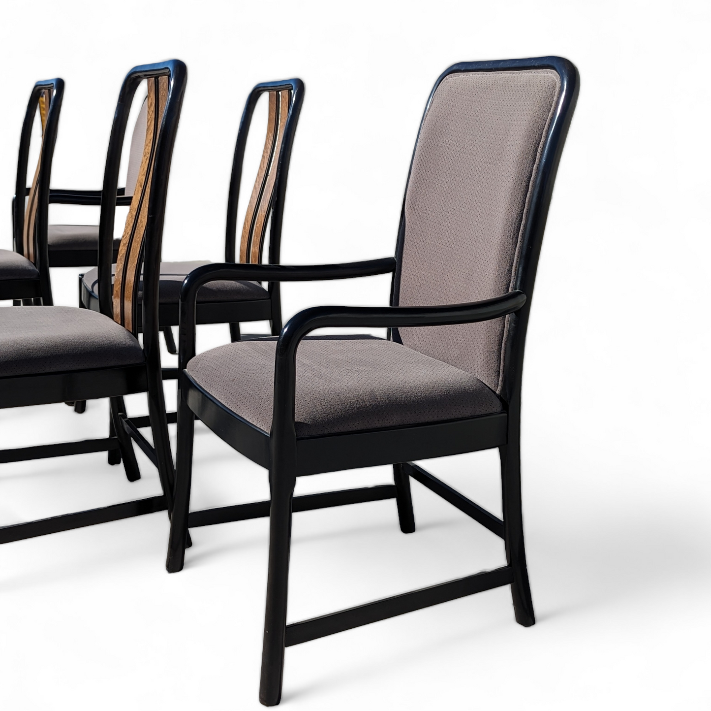 Six Dining Chairs by Bernhardt, Black Lacquer + Birdseye Maple