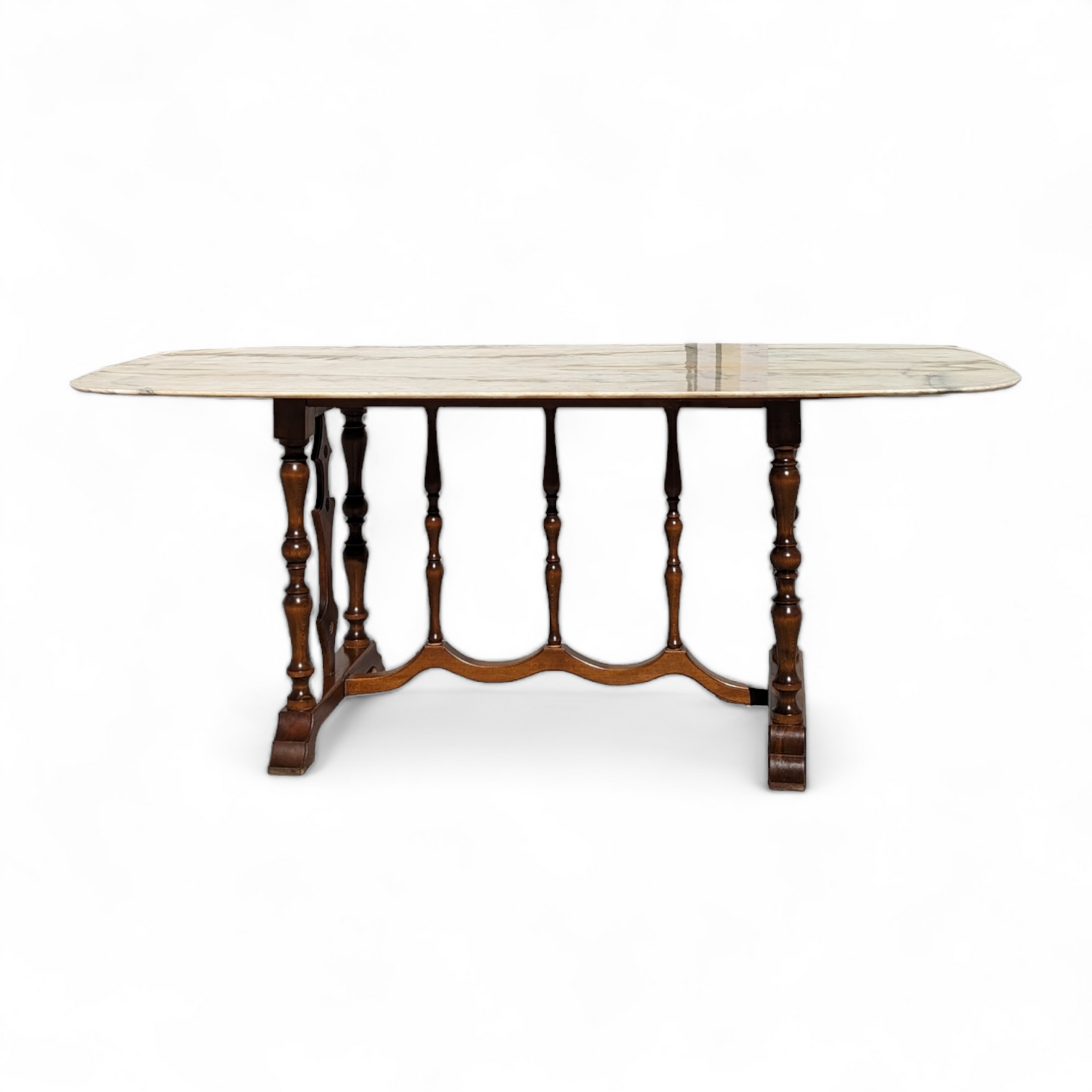 Antique Italian Dining Table for Six, Marble Top, Turned Wood Base