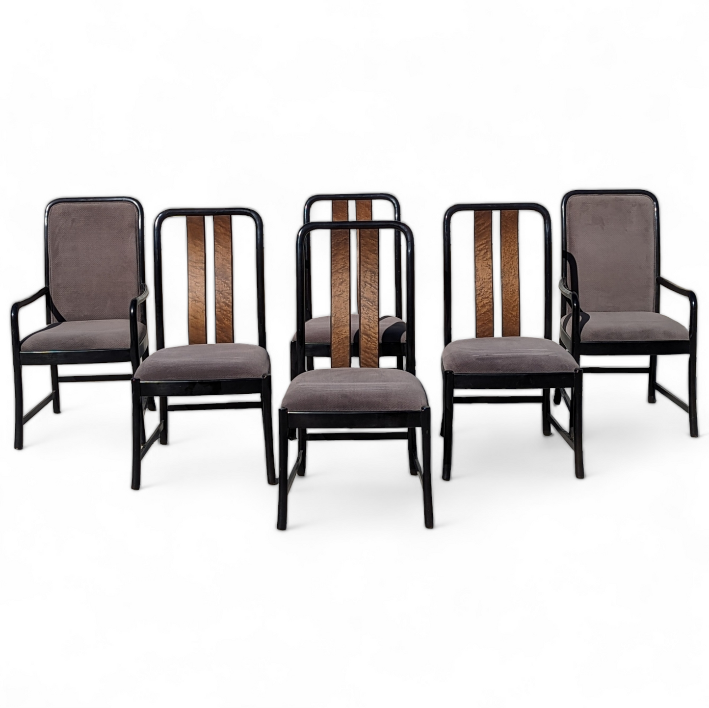 Six Dining Chairs by Bernhardt, Black Lacquer + Birdseye Maple