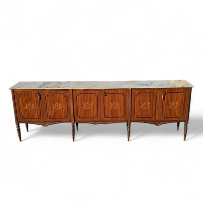 French Louis XVI Style Marble Top Walnut Sideboard Buffet