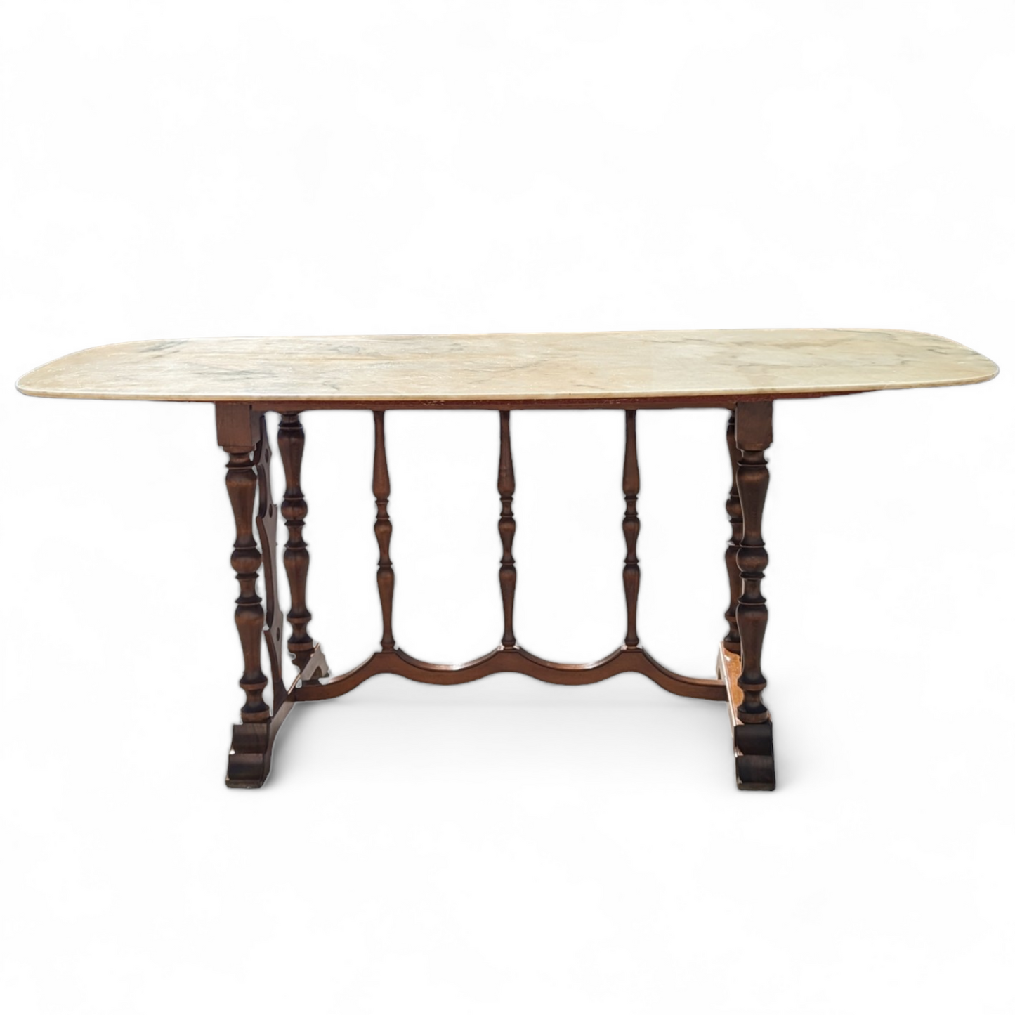 Antique Italian Dining Table for Six, Marble Top, Turned Wood Base