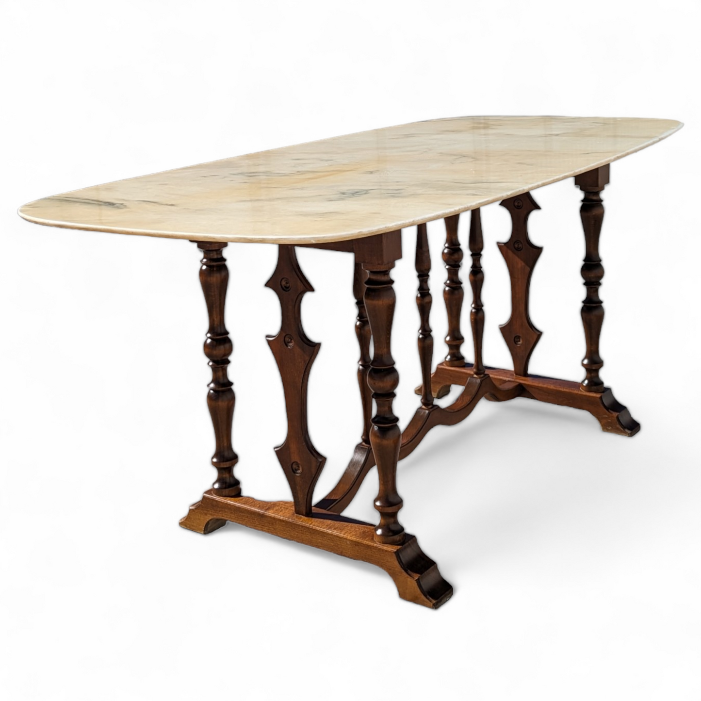 Antique Italian Dining Table for Six, Marble Top, Turned Wood Base