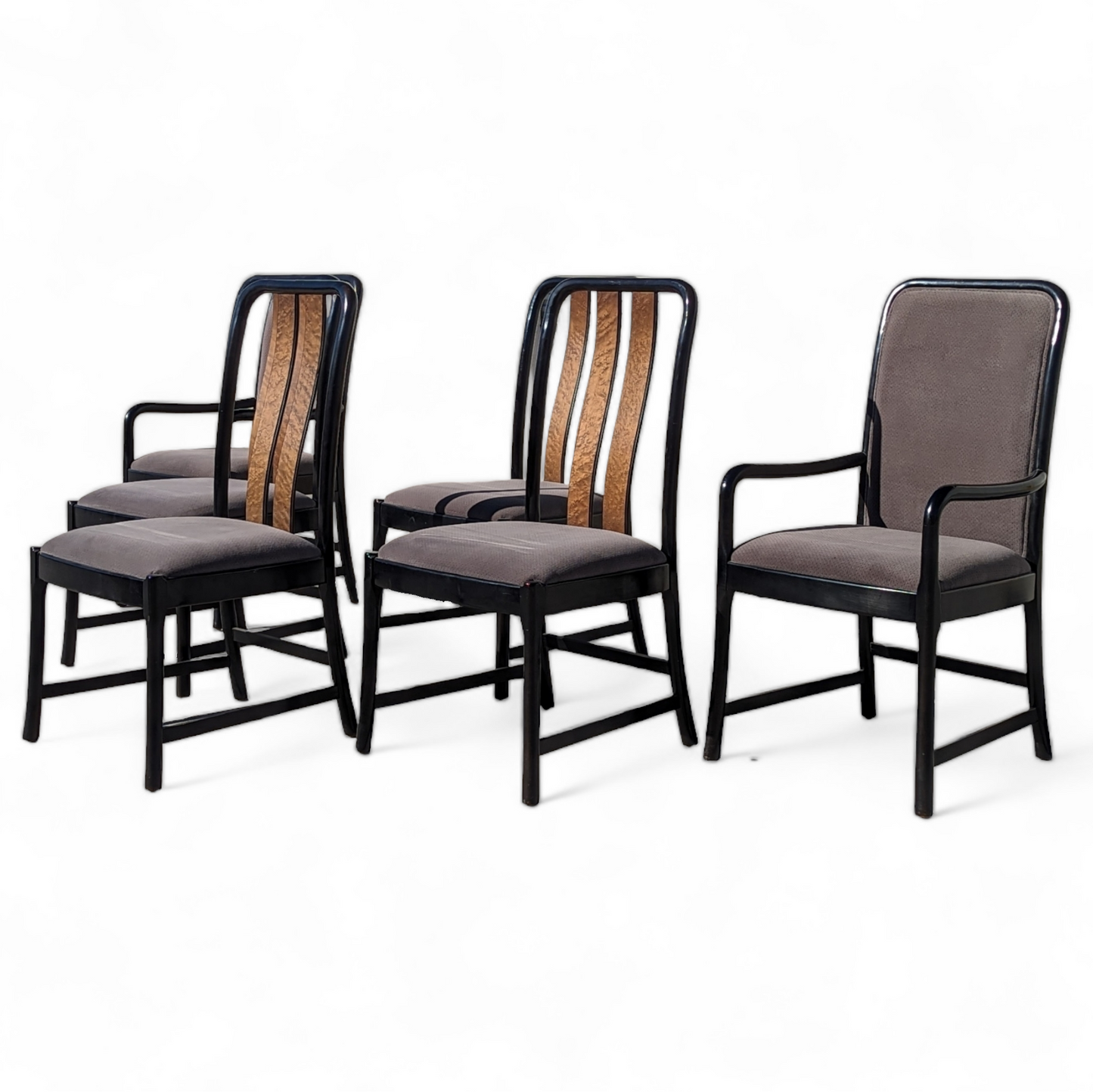 Six Dining Chairs by Bernhardt, Black Lacquer + Birdseye Maple