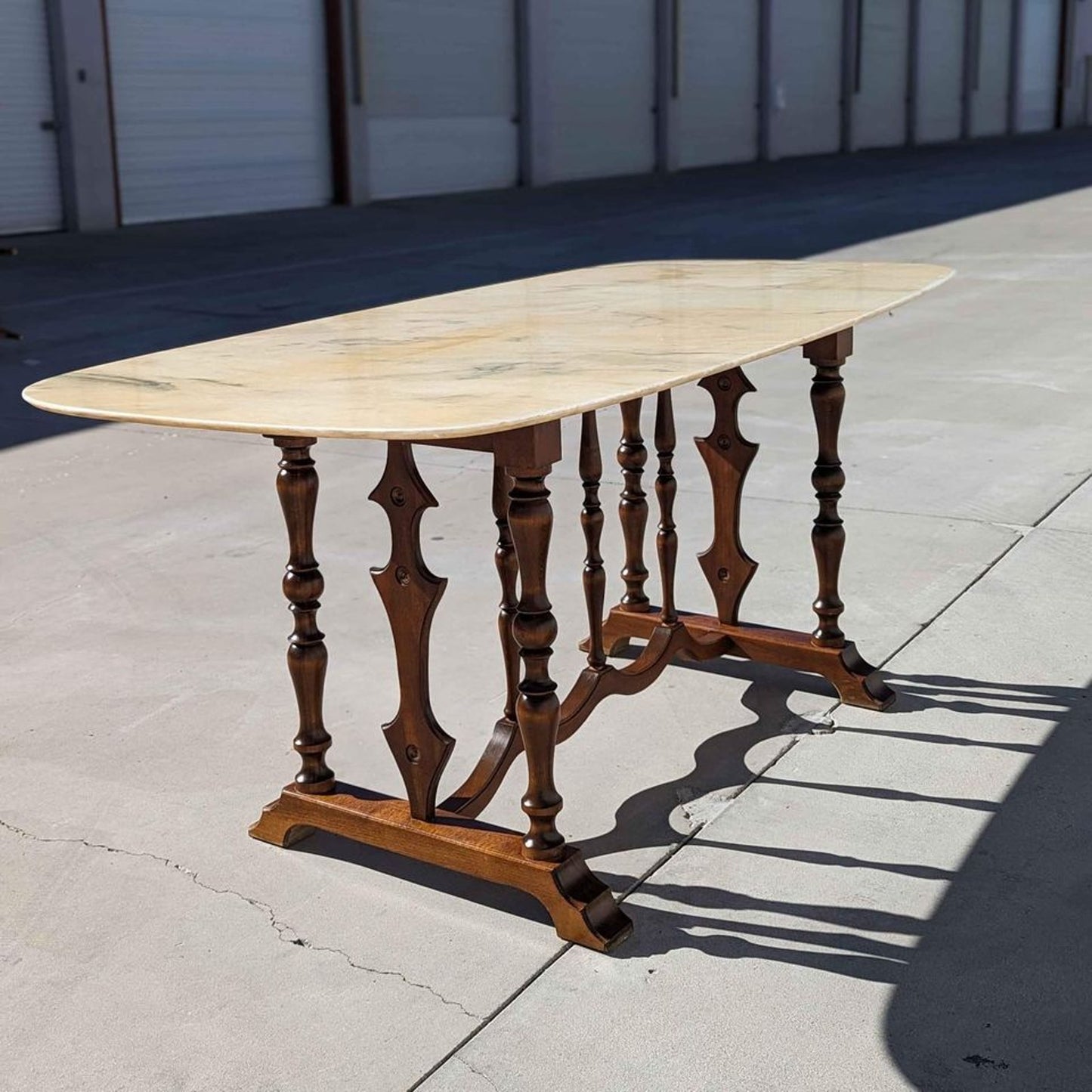 Antique Italian Oval Marble-Top Dining Table with Turned Wood Trestle Base