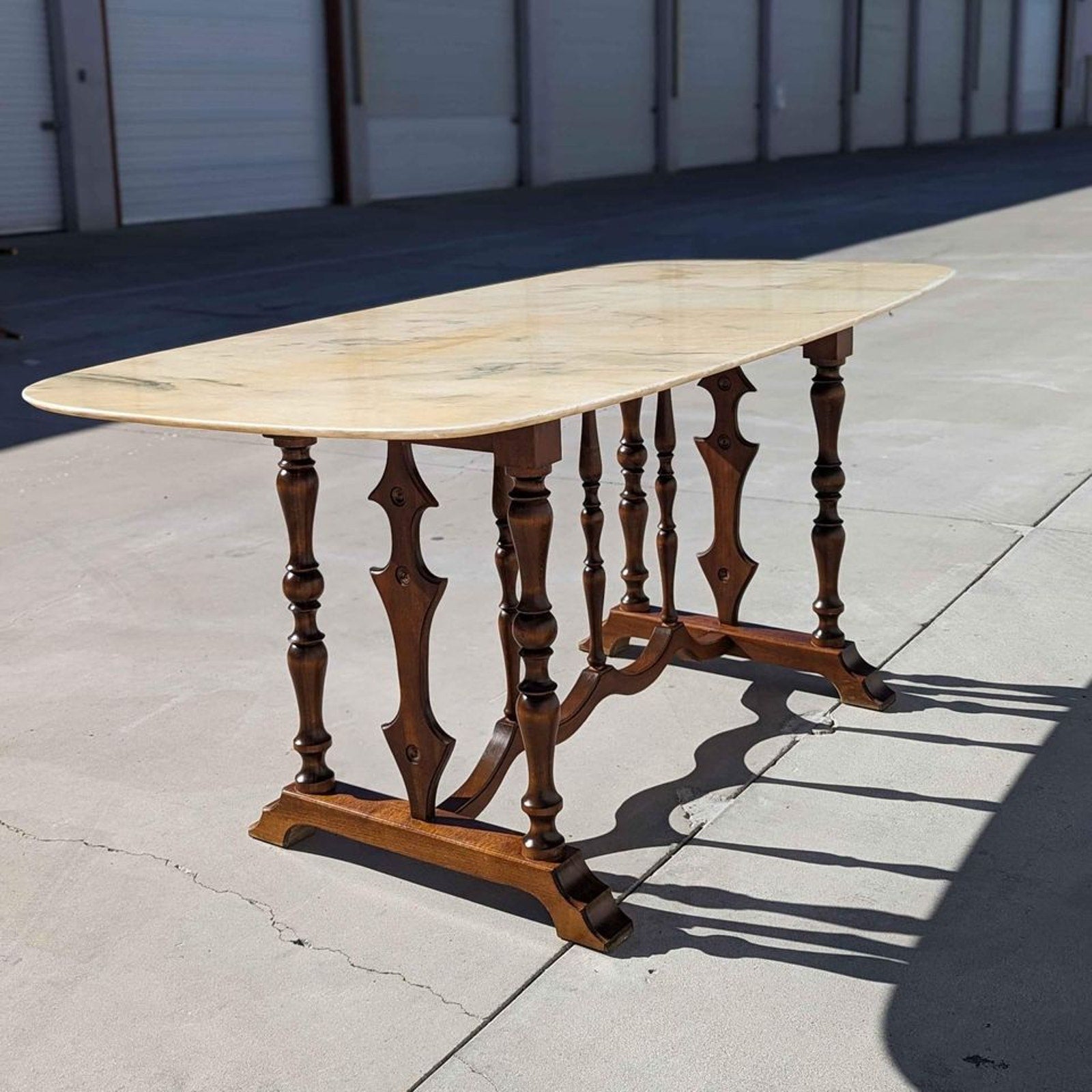 Antique Italian Oval Marble-Top Dining Table with Turned Wood Trestle Base — view 14 of 16