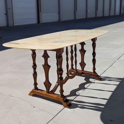 Antique Italian Oval Marble-Top Dining Table with Turned Wood Trestle Base