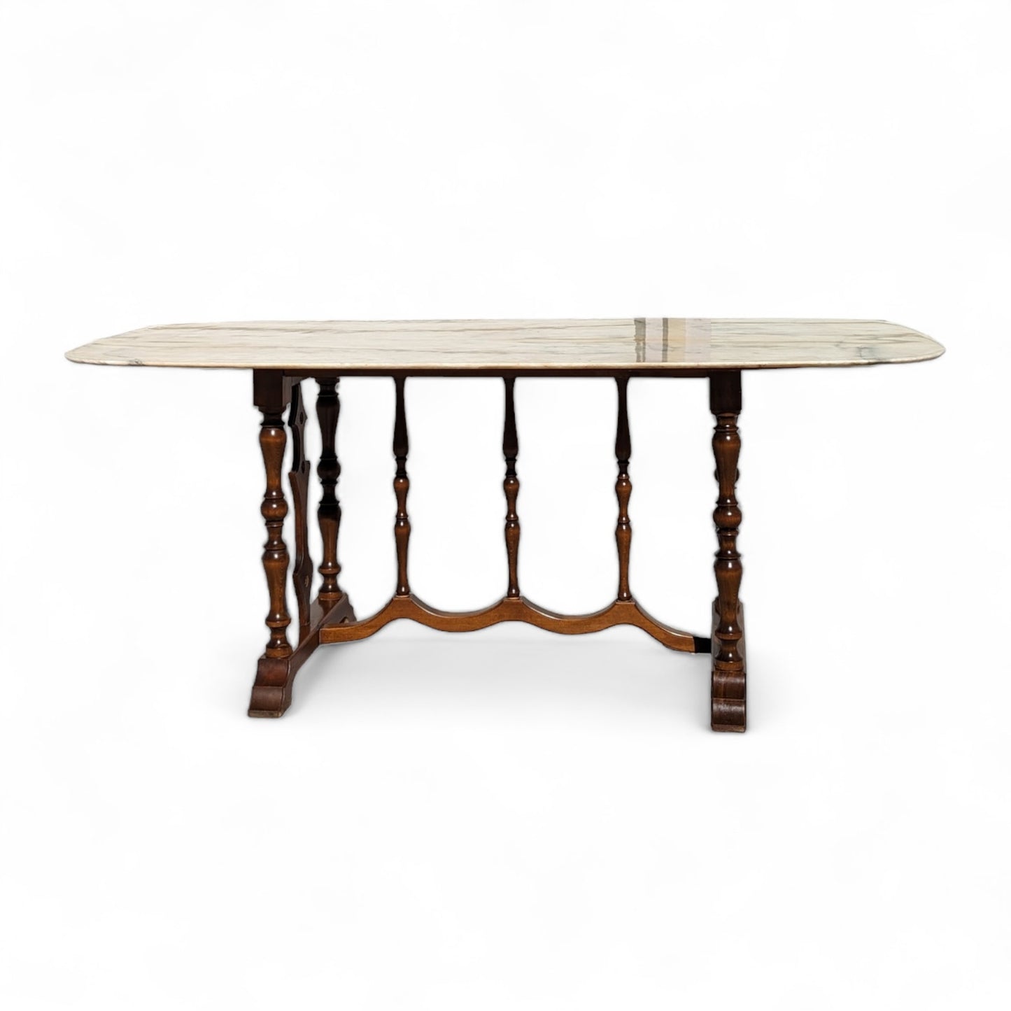 Antique Italian Oval Marble-Top Dining Table with Turned Wood Trestle Base
