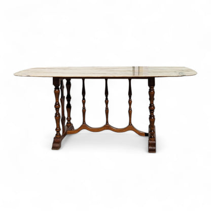Antique Italian Oval Marble-Top Dining Table with Turned Wood Trestle Base