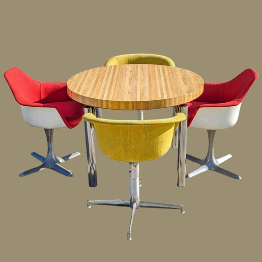 Fun MCM Dining Set, Vintage, Space Age Tulip Propeller Chairs by Burke, Table, Chrome, Mid Century