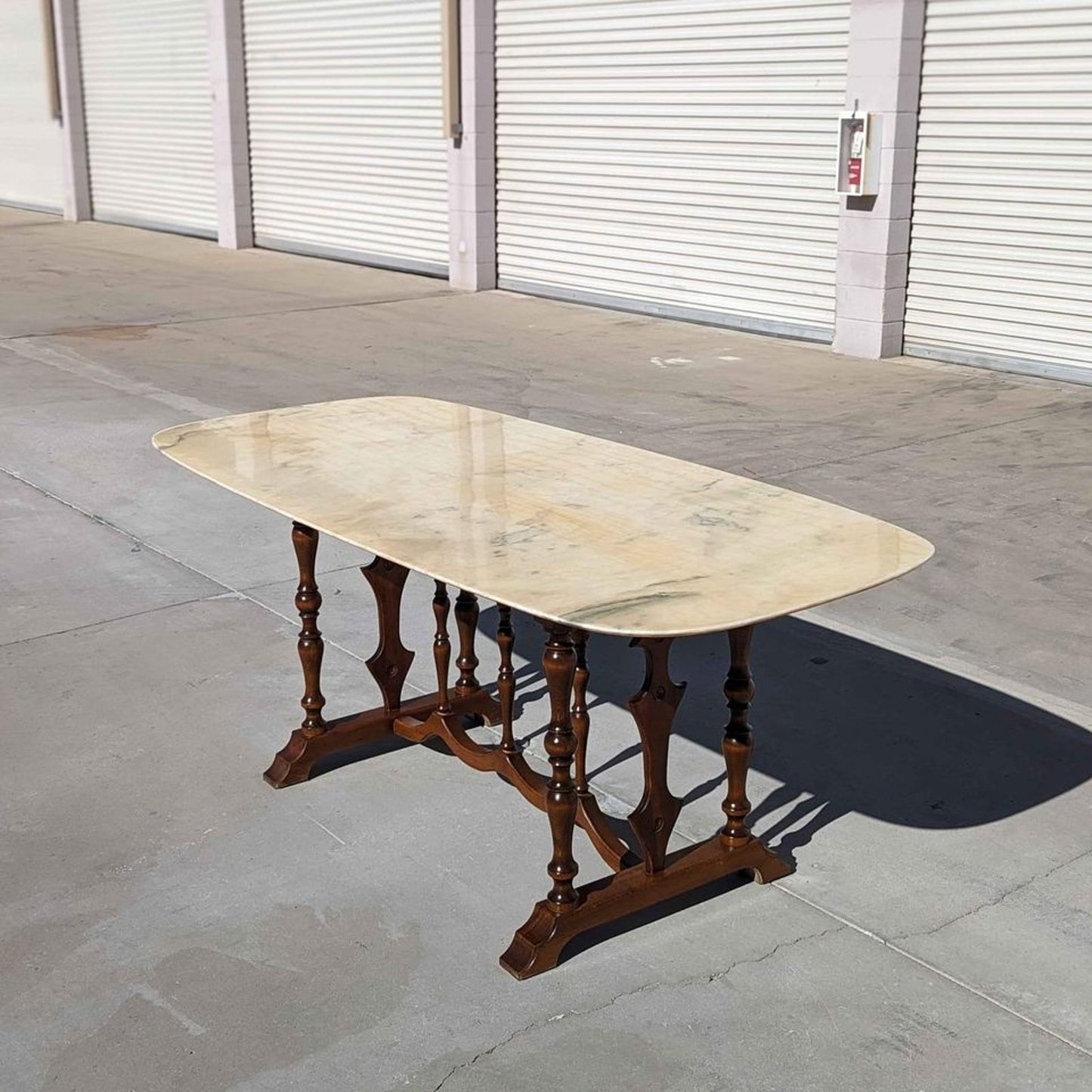Antique Italian Oval Marble-Top Dining Table with Turned Wood Trestle Base