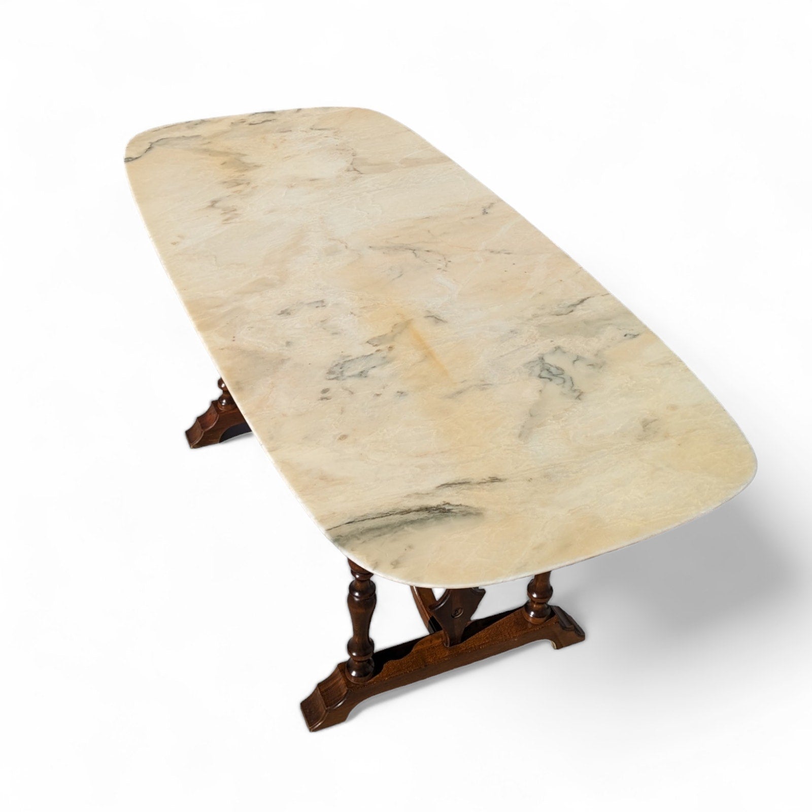 Antique Italian Oval Marble-Top Dining Table with Turned Wood Trestle Base — view 5 of 16