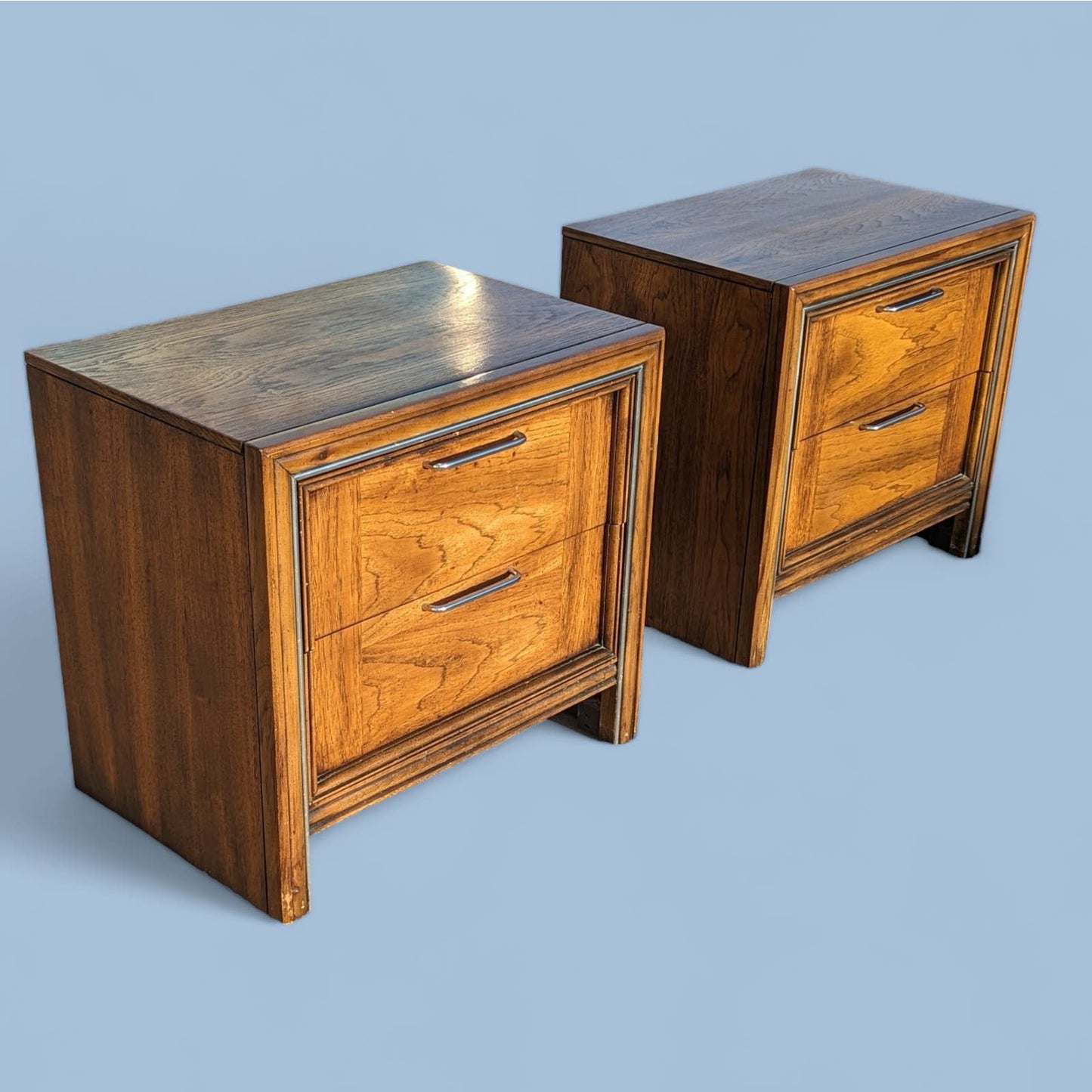 Vintage Oak Nightstands, Chrome Handles, Bedroom End Tables, Mid Century, MCM, Retro, 70s