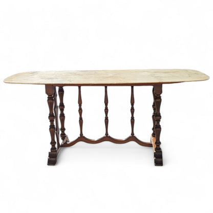 Antique Italian Oval Marble-Top Dining Table with Turned Wood Trestle Base