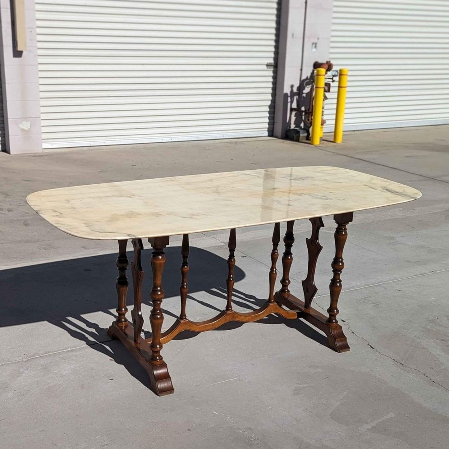 Antique Italian Oval Marble-Top Dining Table with Turned Wood Trestle Base