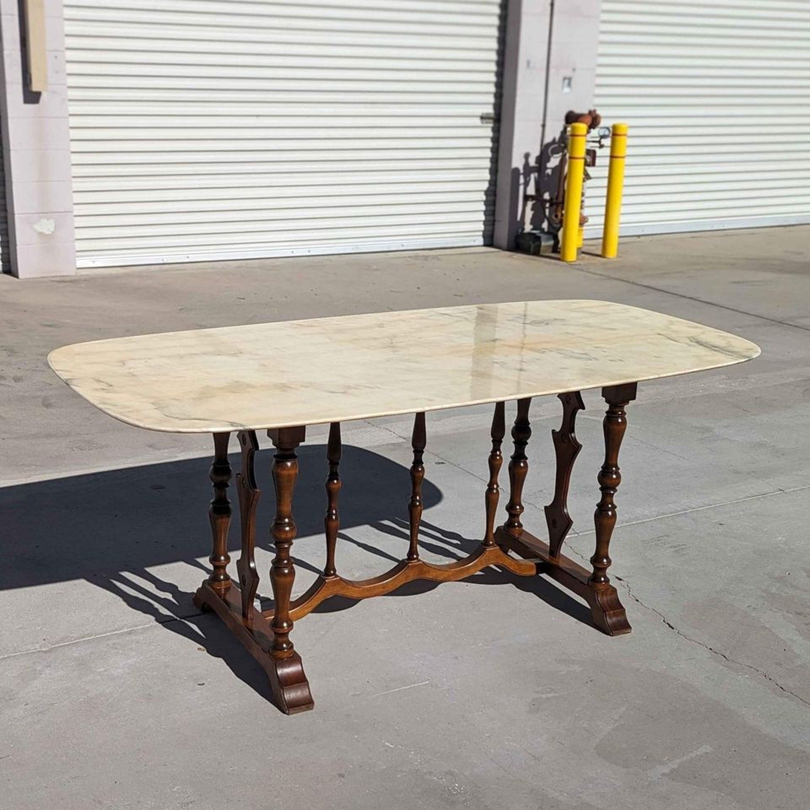Antique Italian Oval Marble-Top Dining Table with Turned Wood Trestle Base — view 15 of 16
