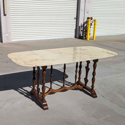 Antique Italian Oval Marble-Top Dining Table with Turned Wood Trestle Base