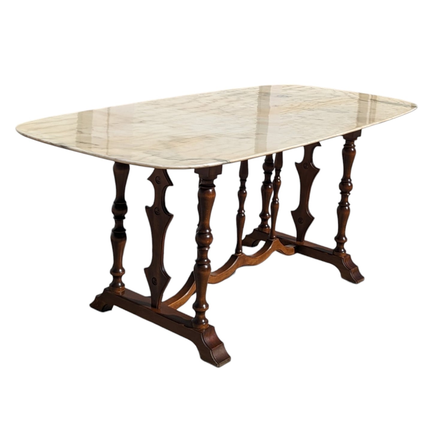 Antique Italian Oval Marble-Top Dining Table with Turned Wood Trestle Base