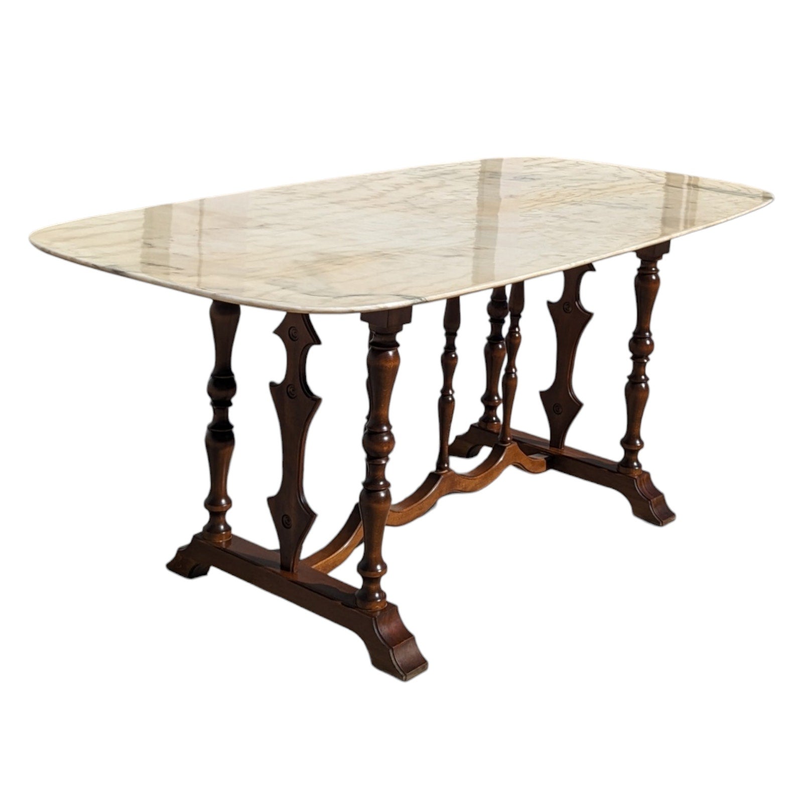 Antique Italian Oval Marble-Top Dining Table with Turned Wood Trestle Base — view 10 of 16