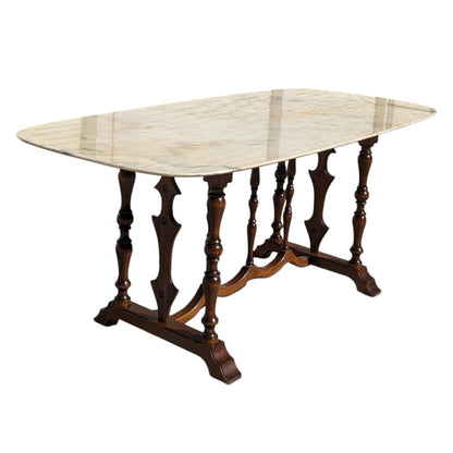 Antique Italian Oval Marble-Top Dining Table with Turned Wood Trestle Base