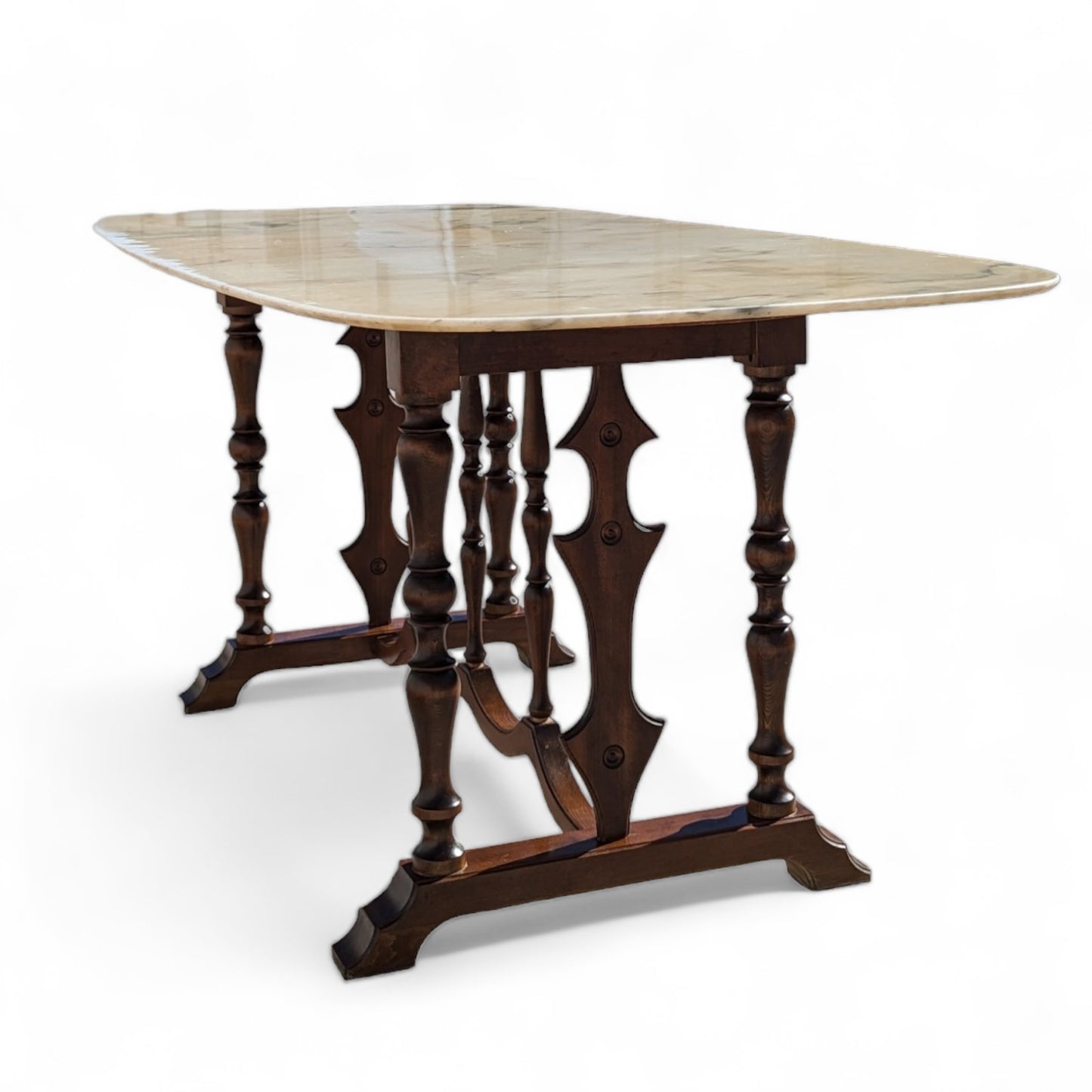 Antique Italian Oval Marble-Top Dining Table with Turned Wood Trestle Base