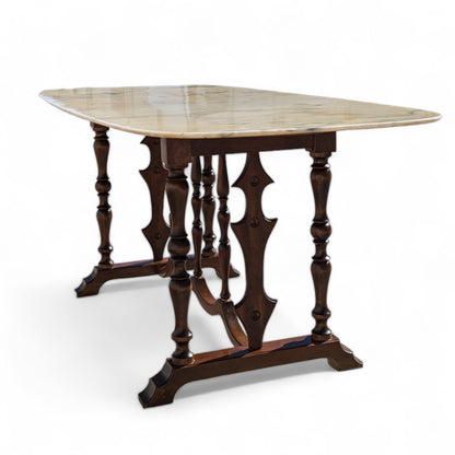 Antique Italian Oval Marble-Top Dining Table with Turned Wood Trestle Base