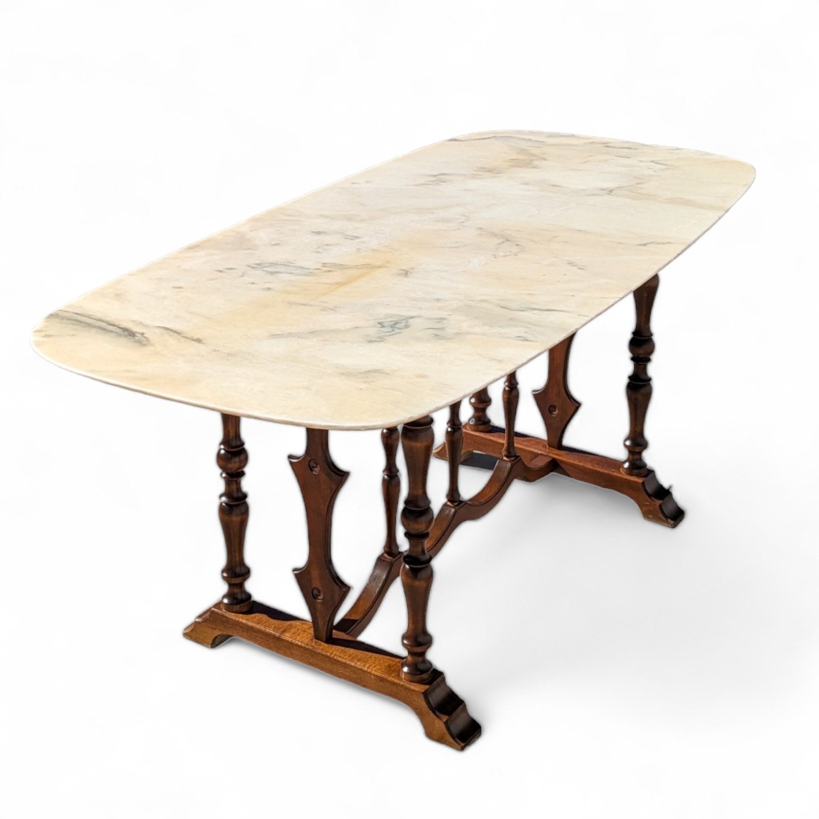 Antique Italian Oval Marble-Top Dining Table with Turned Wood Trestle Base — view 11 of 16