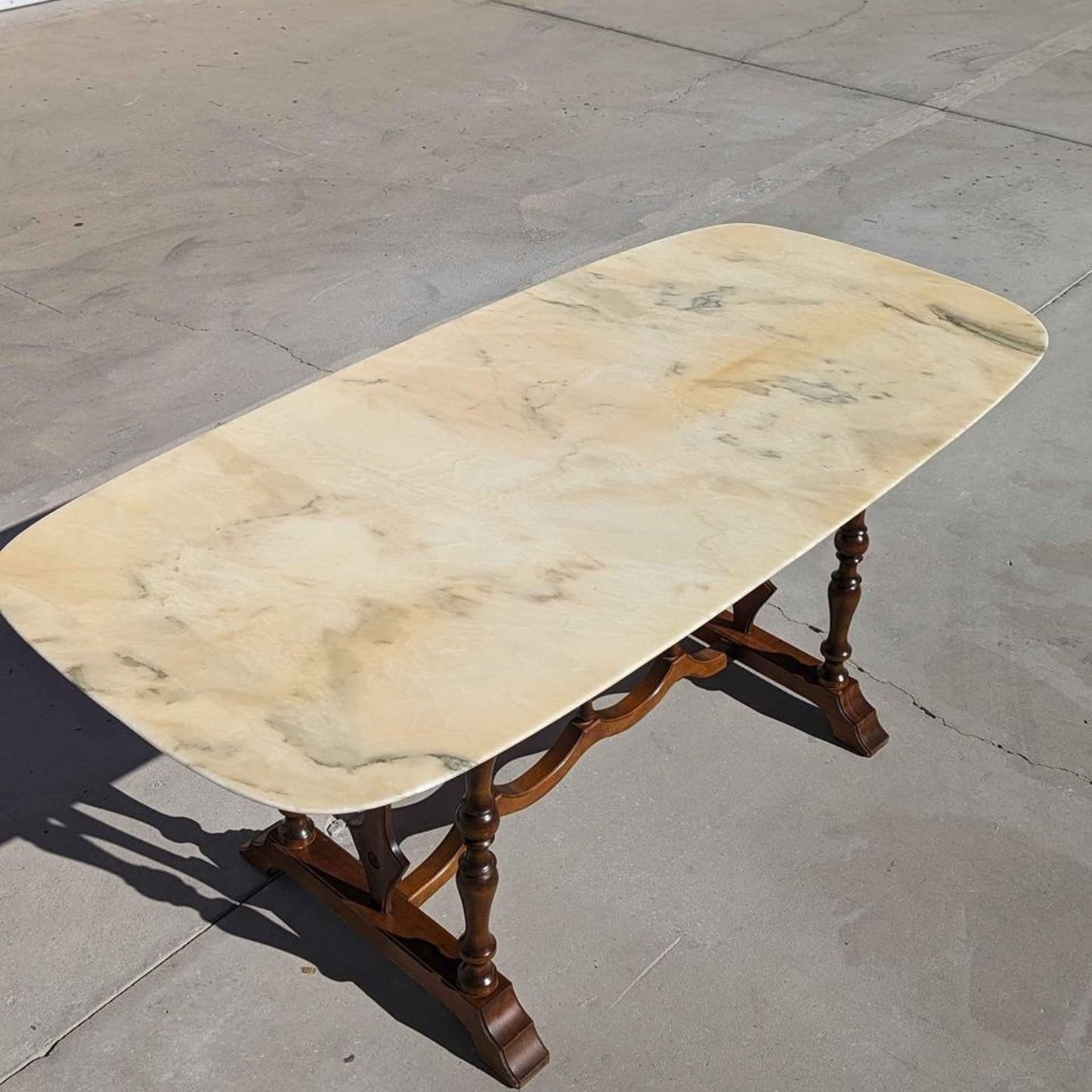 Antique Italian Oval Marble-Top Dining Table with Turned Wood Trestle Base