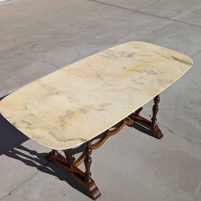 Antique Italian Oval Marble-Top Dining Table with Turned Wood Trestle Base