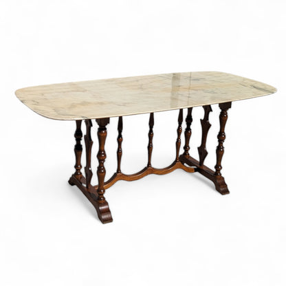 Antique Italian Oval Marble-Top Dining Table with Turned Wood Trestle Base