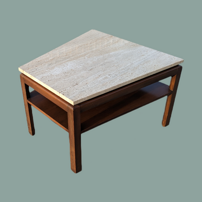Vintage Side Table, Travertine Top, Walnut, Mid Century, MCM, Retro, Accent/Coffee Table, Stone Top