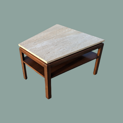 Vintage Side Table, Travertine Top, Walnut, Mid Century, MCM, Retro, Accent/Coffee Table, Stone Top