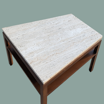 Vintage Side Table, Travertine Top, Walnut, Mid Century, MCM, Retro, Accent/Coffee Table, Stone Top