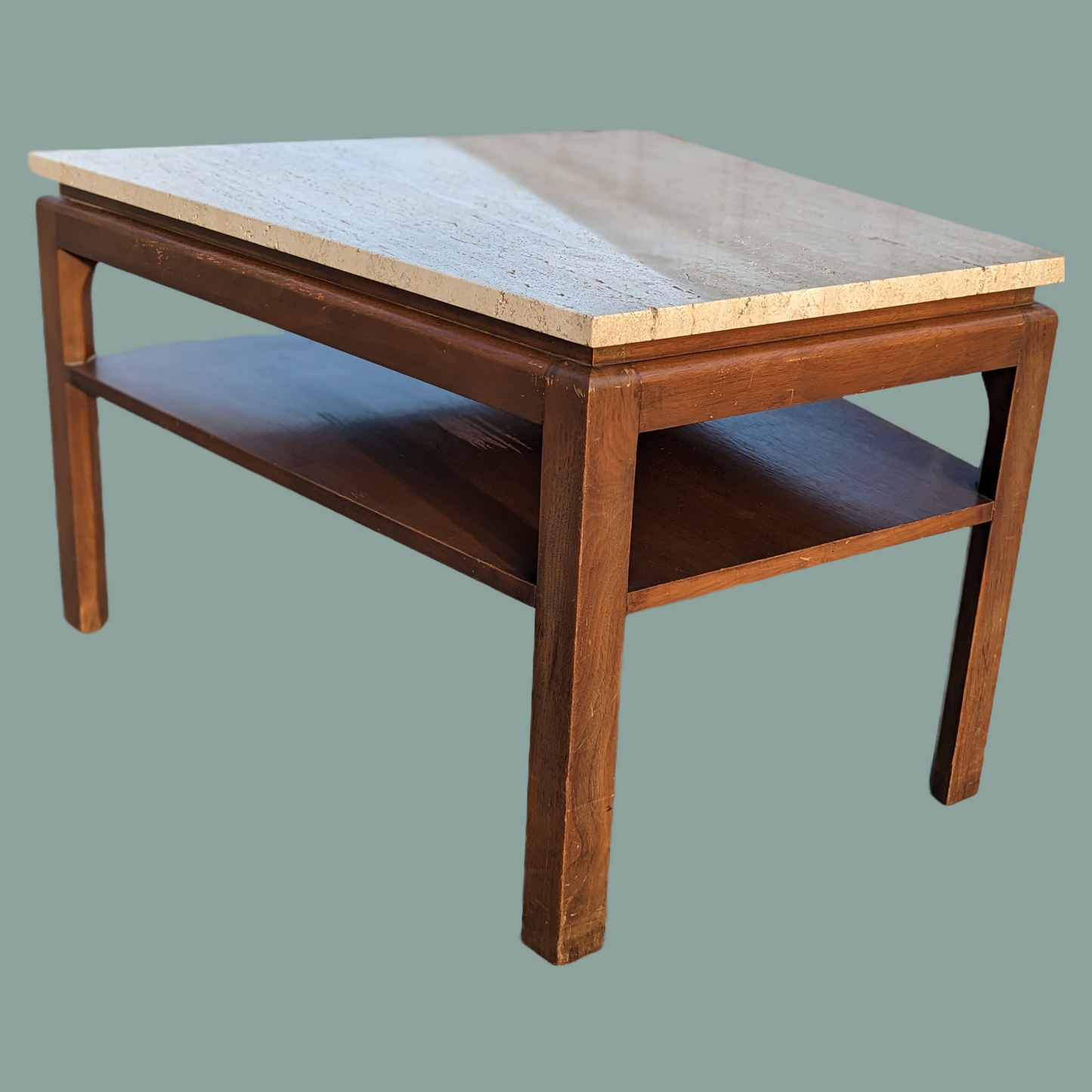 Vintage Side Table, Travertine Top, Walnut, Mid Century, MCM, Retro, Accent/Coffee Table, Stone Top