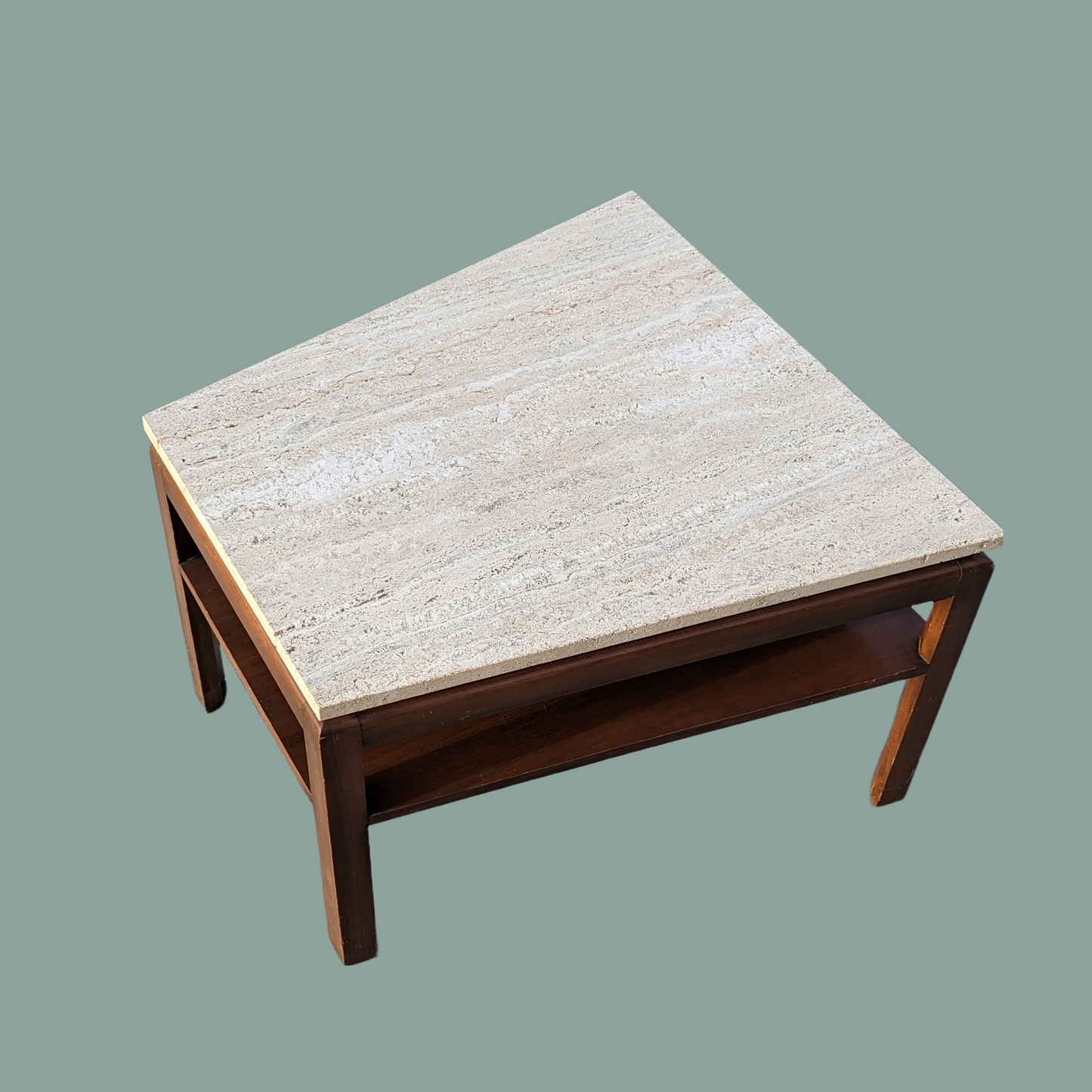 Vintage Side Table, Travertine Top, Walnut, Mid Century, MCM, Retro, Accent/Coffee Table, Stone Top