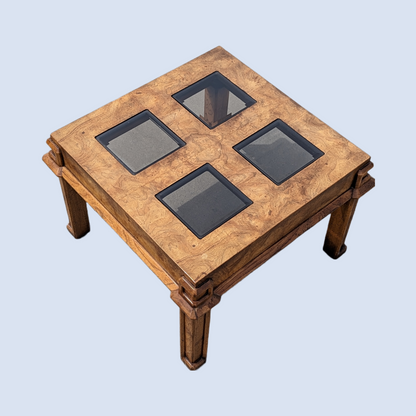 Vintage Burl Wood Side Table, Smoked Glass, Coffee Table, Accent Table, Mid Century, Drexel
