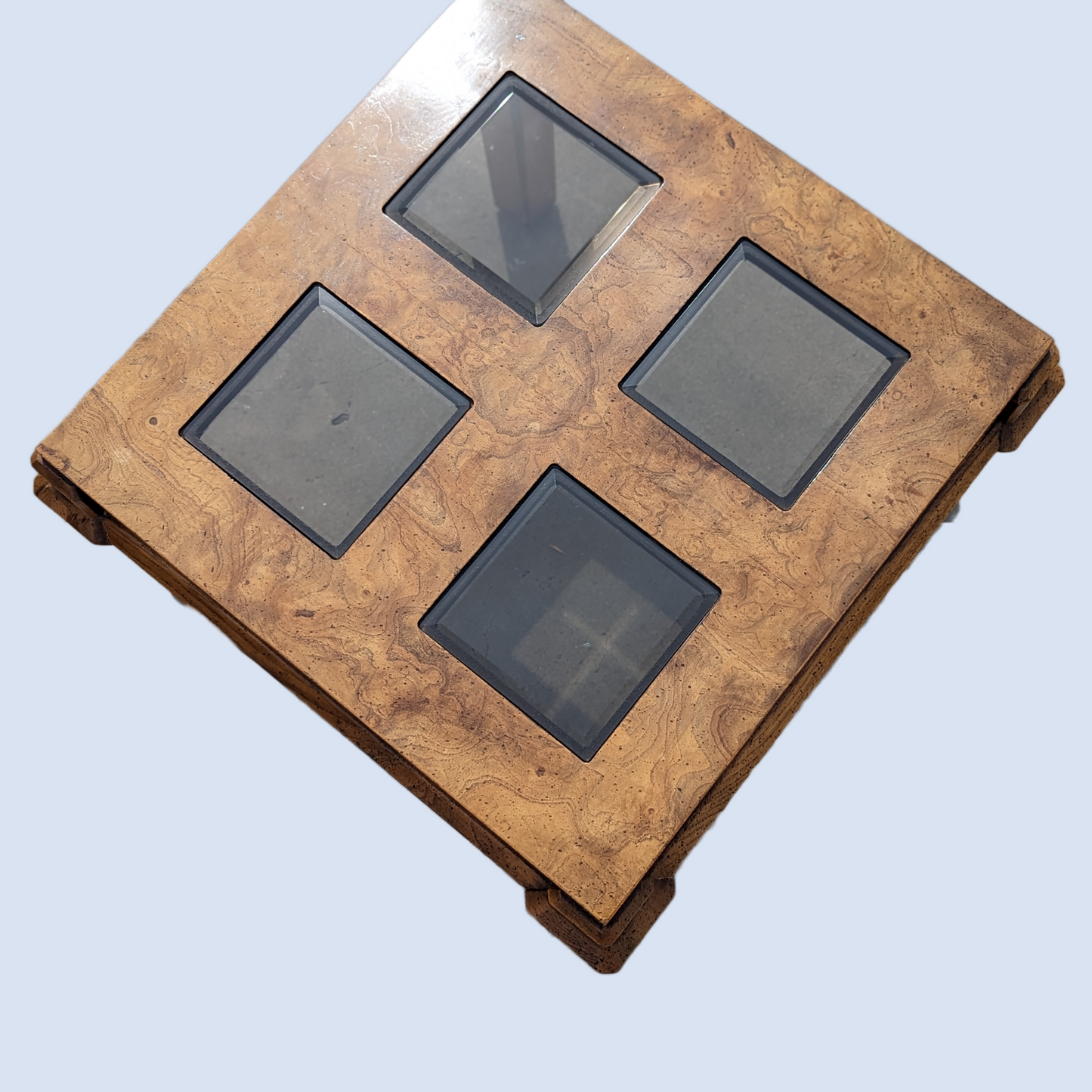 Vintage Burl Wood Side Table, Smoked Glass, Coffee Table, Accent Table, Mid Century, Drexel