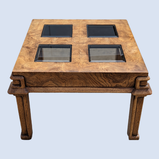 Vintage Burl Wood Side Table, Smoked Glass, Coffee Table, Accent Table, Mid Century, Drexel