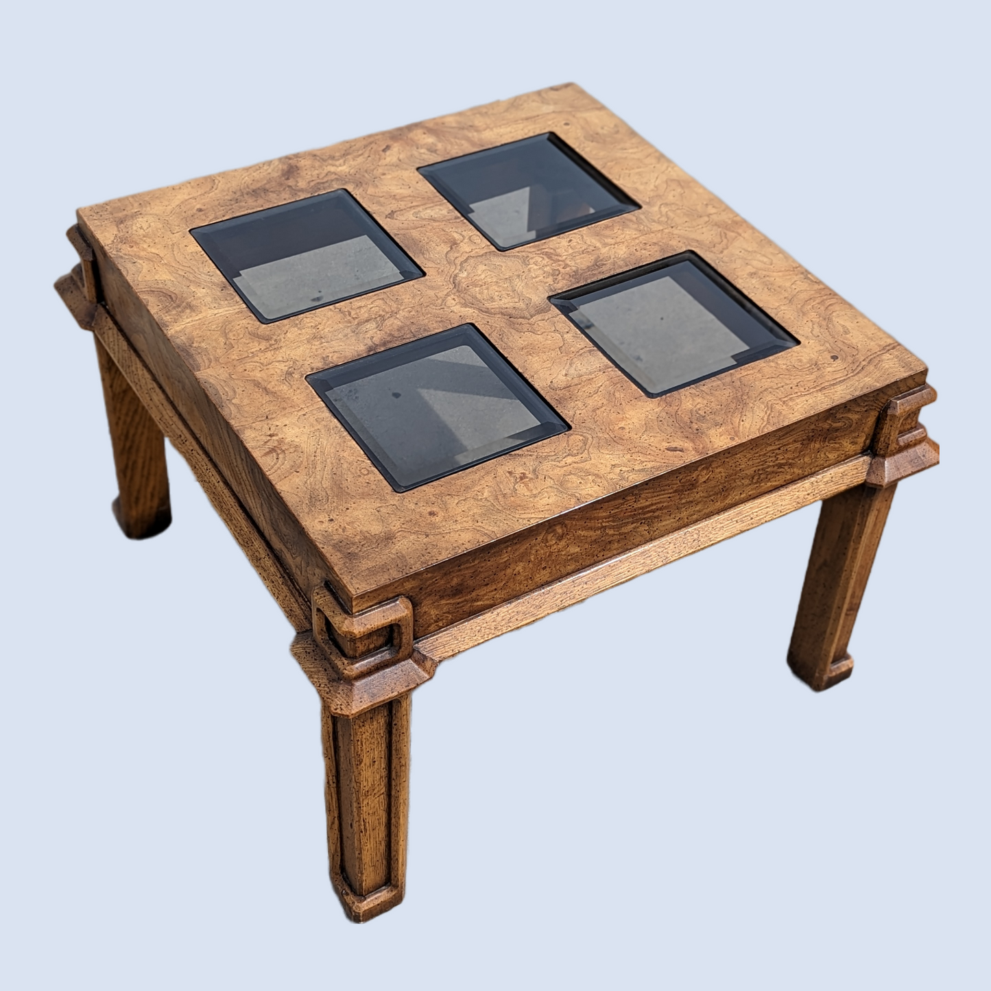 Vintage Burl Wood Side Table, Smoked Glass, Coffee Table, Accent Table, Mid Century, Drexel