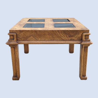 Vintage Burl Wood Side Table, Smoked Glass, Coffee Table, Accent Table, Mid Century, Drexel