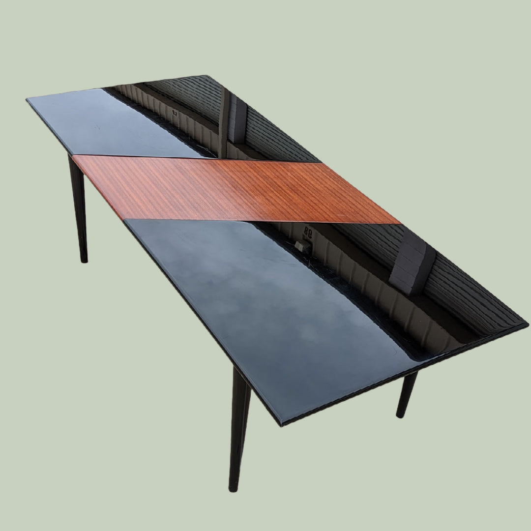 Unique Black Lacquer Postmodern Dining Table | Diagonal Leaf | Italian | MCM | Mid Century