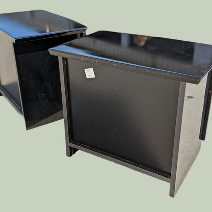 Postmodern Nightstands by Carlo Malnati, Super Unique Inlaid Wood, Black Lacqeur, Mid Century, Post Modern, MCM