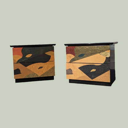 Postmodern Nightstands by Carlo Malnati, Super Unique Inlaid Wood, Black Lacqeur, Mid Century, Post Modern, MCM