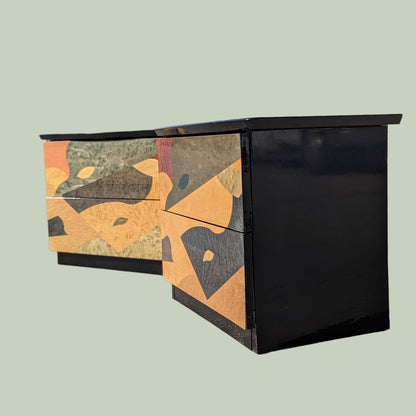 Postmodern Nightstands by Carlo Malnati, Super Unique Inlaid Wood, Black Lacqeur, Mid Century, Post Modern, MCM