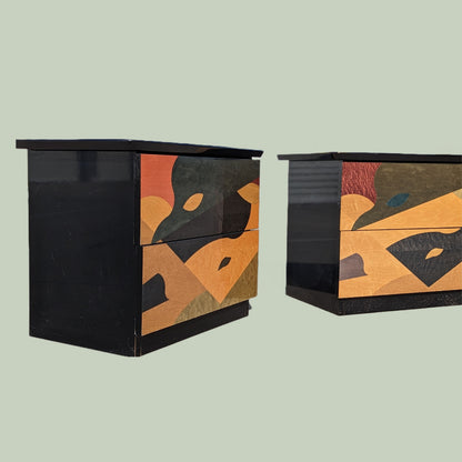Postmodern Nightstands by Carlo Malnati, Super Unique Inlaid Wood, Black Lacqeur, Mid Century, Post Modern, MCM